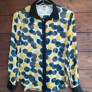 Anne Klein button up white with large green and yellow polka dot sheer blouse